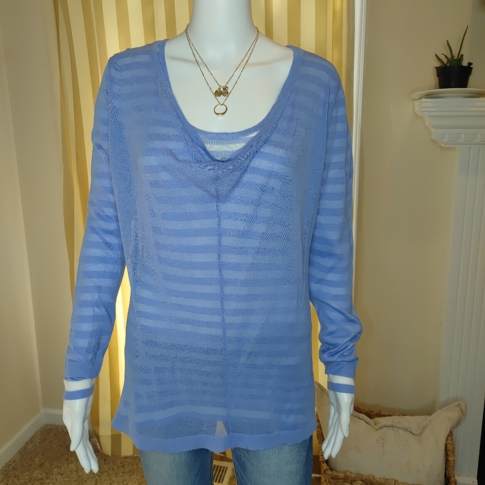 MICHAEL MICHAEL KORS SHEER CONTRAST STRIPED TOP, BLUE/WHITE P/M